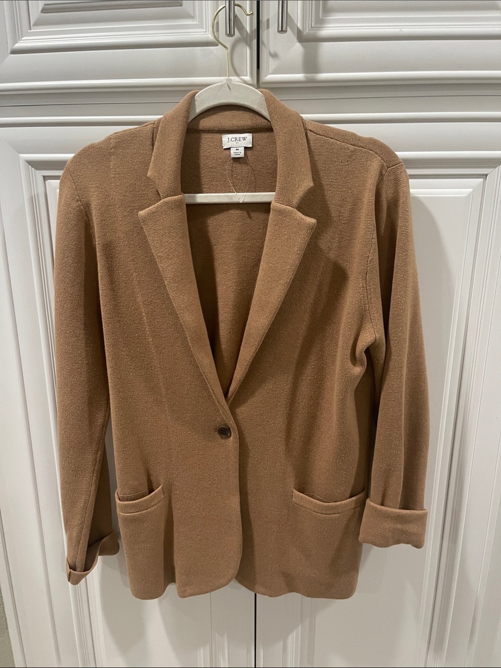 J. Crew Factory Acorn Camel One Button Knit Schoolboy sweater Blazer Cardigan M - Picture 7 of 12